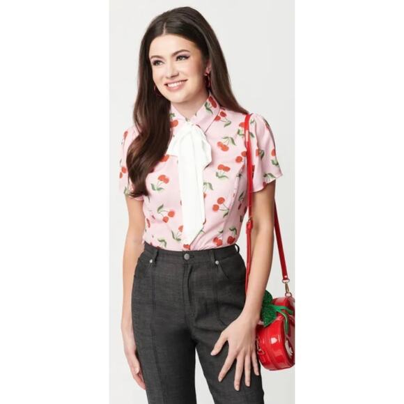 Unique Vintage Smak Parlour Pink & Cherry Power Play Blouse M 6 8 NWOT - Picture 3 of 5